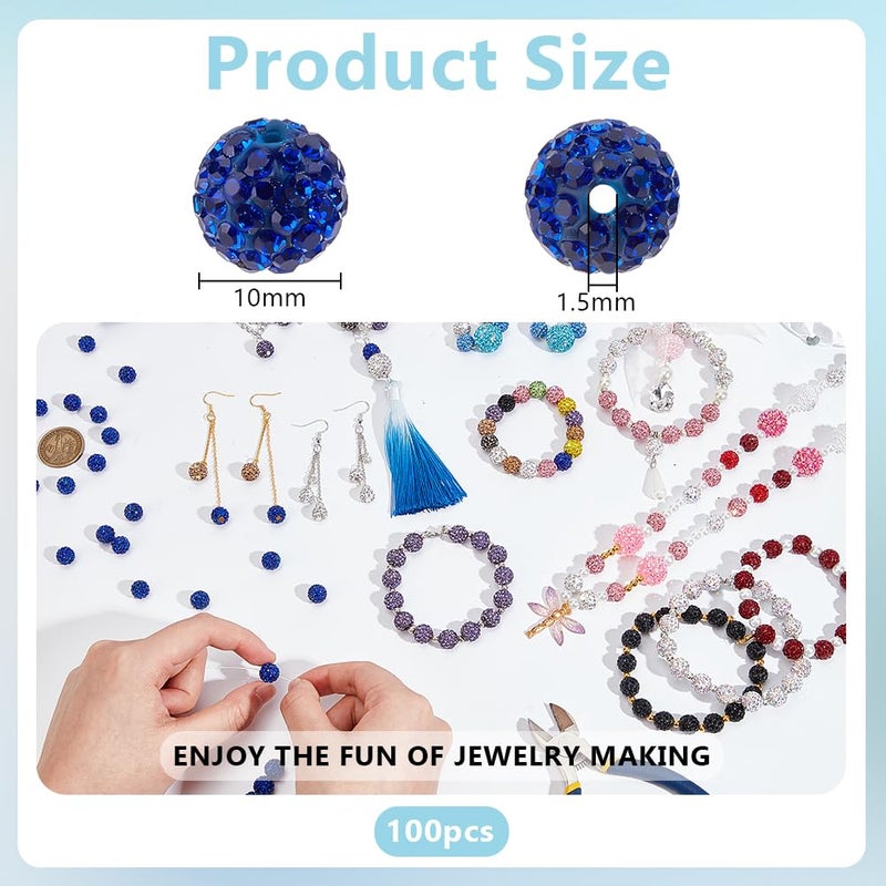 PH PandaHall About 100pcs 10mm Blue Rhinestone Beads Blue Polymer Clay Crystal Bead Pave Disco Ball Clay Beads Round Diamond Bead for Necklace Bracelet Jewelry Making Party Decoration - Image 2